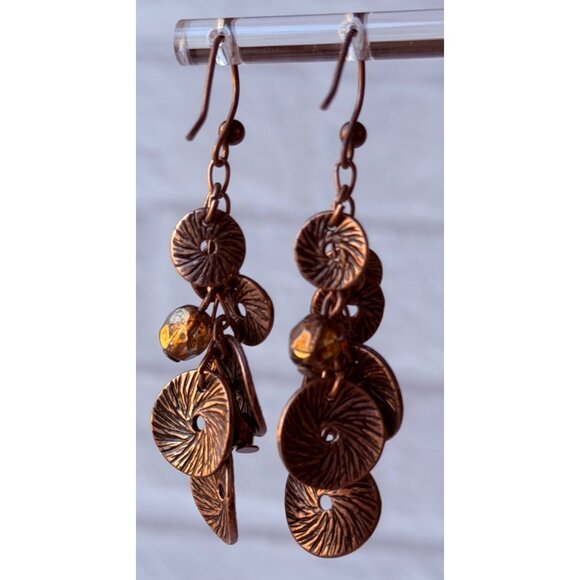 Vintage 1990s Chico’s Copper Medallion Cluster Dangle Earrings Amber Beads NOS - Picture 9 of 9